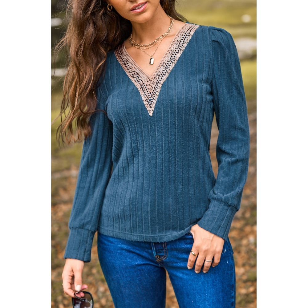Cupshe Blue Ribbed Knit Puff Sleeve‎ Crochet V-Neck Top Size L NEW